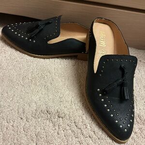 Black leather slide on studded loafer